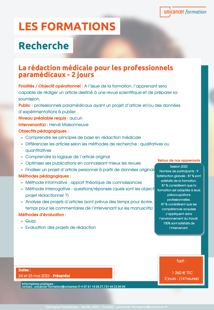 Formation Unicancer Recherche - Rédaction médicale pour les professionnels paramédicaux