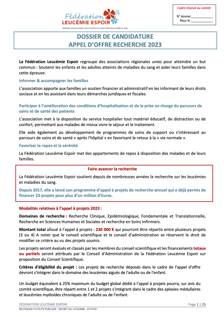 Appel d'offres Fédération Leucémie Espoir 2023