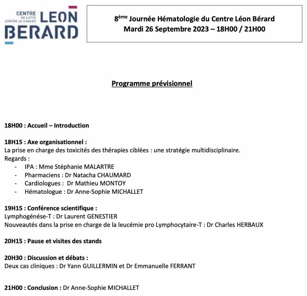 8ème Journée d'Hématologie du Centre Léon Bérard -programme prévisionnel